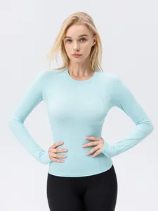 Women's long sleeve sun protection yoga top in light blue with breathable cool fabric