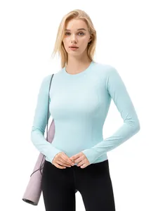 Women's sun protective long sleeve tight yoga shirt in light blue athletic fabric