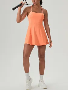 Women's orange quick-dry tennis dress with built-in pads for fitness and sports