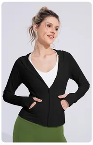 Slim fit black ice silk UV protection sports jacket with hood and thumb holes for women