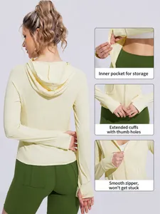 Pale yellow women's UV protection ice silk sun jacket with hood and thumbhole cuffs.