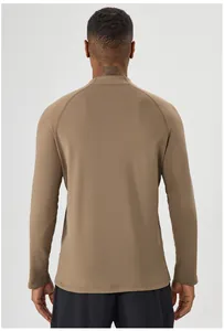 Back view of men's thermal long sleeve sports top in khaki brown fleece lined fabric