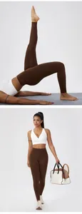 Split view of model in brown yoga pants doing a bridge stretch and holding gear bag