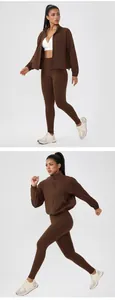 Detailed view of brown fleece-lined high-waist yoga leggings and matching zip jacket set