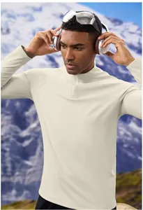 Detail view of men's thermal half-zip sports top with soft fleece lining texture