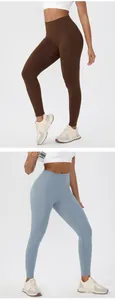 Women's high-waisted yoga leggings with peach butt lift design in brown and blue colors.