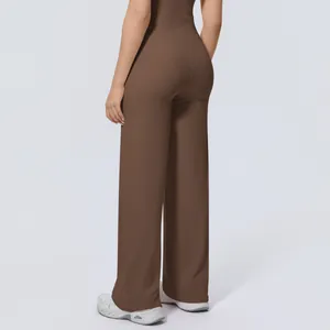 Detailed back view of brown high-waisted wide-leg yoga pants for athletic fitness wear.