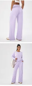Macro detail of lavender waffle knit sports set featuring long sleeves and wide-leg pants.