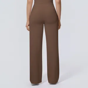Rear view of brown high-waisted wide-leg yoga pants featuring a soft nude feel texture