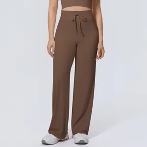 Brown high-waisted drawstring wide-leg yoga pants for fitness and casual wear.