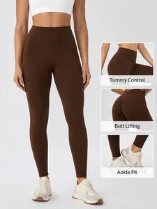 High waist brown yoga leggings for women with butt lifting and tummy control