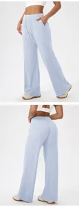 Detail views of light blue waffle knit wide-leg lounge pants showing front and back