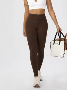 Women's high-waisted thermal yoga leggings in brown with peach butt-lift shaping design