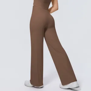 Back view of high-waisted brown wide-leg yoga pants for fitness and casual wear.