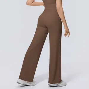 Back view of high-waisted brown wide-leg yoga pants for women's fitness training