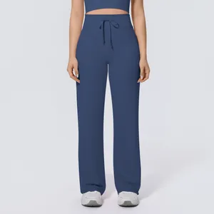 Comfortable high-waisted wide-leg yoga pants with adjustable drawstring in navy blue