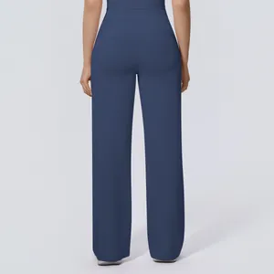 Detailed back view of high-waisted navy blue wide-leg yoga pants for fitness and gym wear
