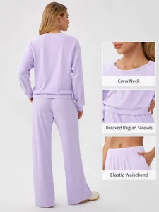 Lavender waffle knit two-piece lounge set with raglan sleeves and wide leg pants
