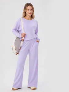 Lavender waffle knit two-piece loungewear set with sweatshirt and wide-leg pants for women