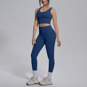 Deep blue seamless yoga set with V-neck sports bra and high-waisted leggings fitness