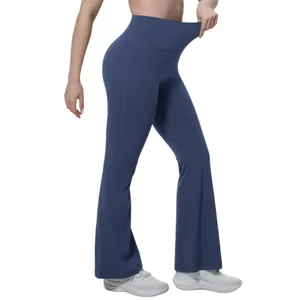 Premium high-waisted blue flare yoga pants with elastic waistband for fitness and gym