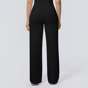 High waisted black wide leg yoga pants shown from back view for fitness performance