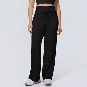 High-waist black wide-leg sports pants with drawstring for yoga and fitness training