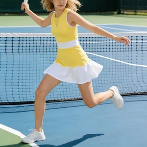 Abito da Tennis da Donna Color-Block Con Giuntura in Mesh Vita Alta Vestibilità Aderente Senza Maniche Gonna Sportiva Per Corsa Fitness