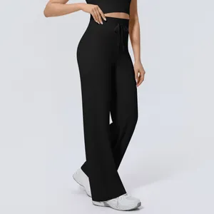 High-waisted wide-leg yoga pants with drawstring in black sport fabric