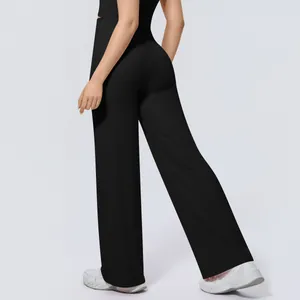 Back view of high-waisted black wide-leg yoga pants showing the draped fit and cut