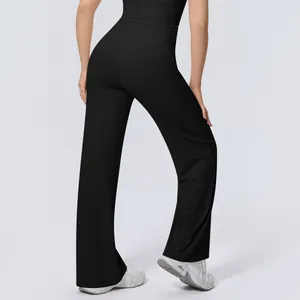 High waisted black wide leg yoga pants for fitness shown from a rear perspective