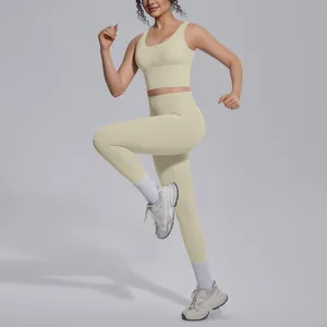 Woman wearing cream naked feel yoga set with V-neck sports bra and leggings for gym workout