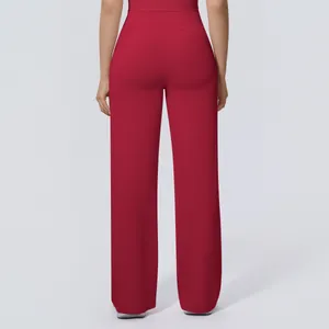Rear view of high-waisted wide-leg yoga pants in deep red with a smooth finish