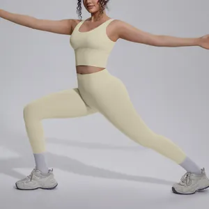 Naked feel yoga set with V-neck sports bra and seamless leggings for fitness and running