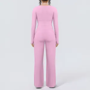 Back view of a pink long-sleeve yoga set with high-waist wide-leg fitness pants