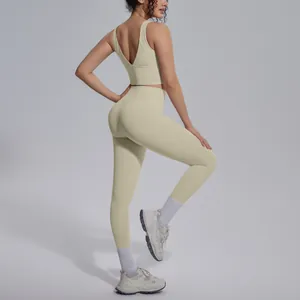 Rear view of women's yoga set featuring V-back sports bra and high-waisted leggings