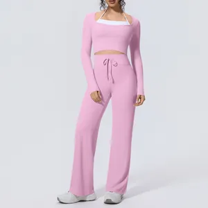 Stylish pink long sleeve yoga set with wide leg pants for women fitness and pilates