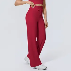 Red high-waisted drawstring wide-leg yoga pants for fitness and casual wear