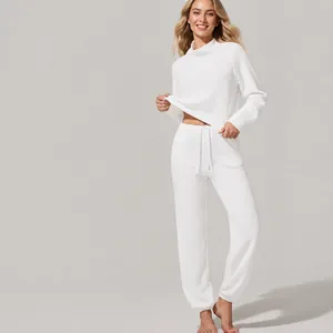 Conjunto Deportivo de Punto de Gofre para Mujer Top de Manga Larga con Cuello Alto y Pantalones Jogger Casuales de Cintura Alta Mezcla de Algodón y Poliéster