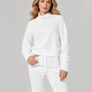 Chándal blanco de punto de nido de abeja para mujer con sudadera de cuello alto y joggers