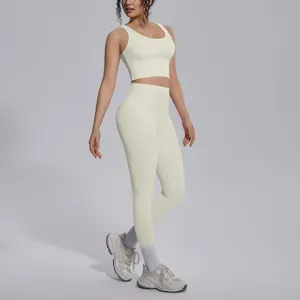 Full-body detail of cream V-neck sports bra and high-waisted yoga leggings set