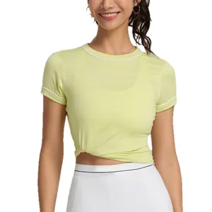 Maglietta sportiva traspirante verde lime da donna con elegante nodo in vita
