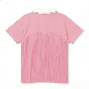 Back view of a women's pink quick-dry tennis polo shirt featuring a stylish pleated back detail.