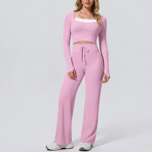 Women Top And Bottom Yoga Workout Suit Long Sleeve Color Block Crop Top And High Waist Wide Leg Drawstring Pants Soft Brushed Gym Fitness Activewear