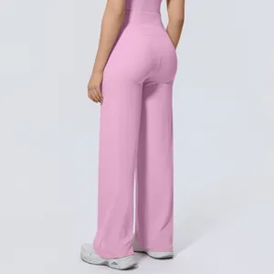Detail back view of pink high-waisted wide-leg yoga pants for women yoga workout