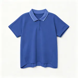 Detail of the blue polo shirt with striped collar and pleated side panels.