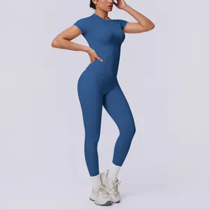 Professionelles zweiteiliges nahtloses blaues Yoga-Set mit Kurzarm-Top und Leggings