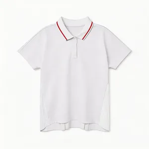 Detailed front view of a white tennis polo shirt featuring a red striped collar and side pleats