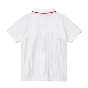 Back view of women's white tennis polo shirt with red collar stripe and pleated detail