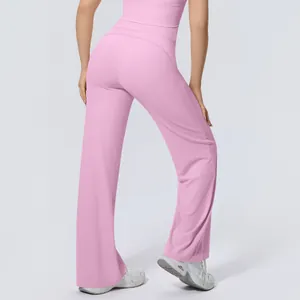 Back view of pink high-waisted wide-leg yoga pants with a soft nude-feel fabric finish